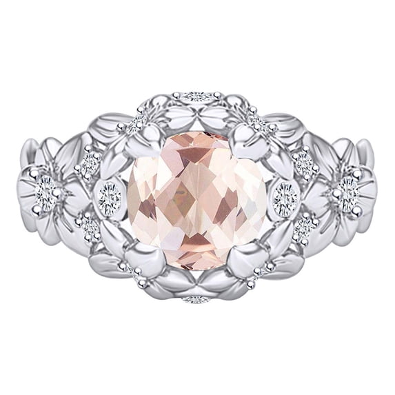AFFY 1.16 Carat Round Shape Simulated Morganite & Natural Diamond Flower Engagament Ring 14K Solid White Gold Ring Size-10