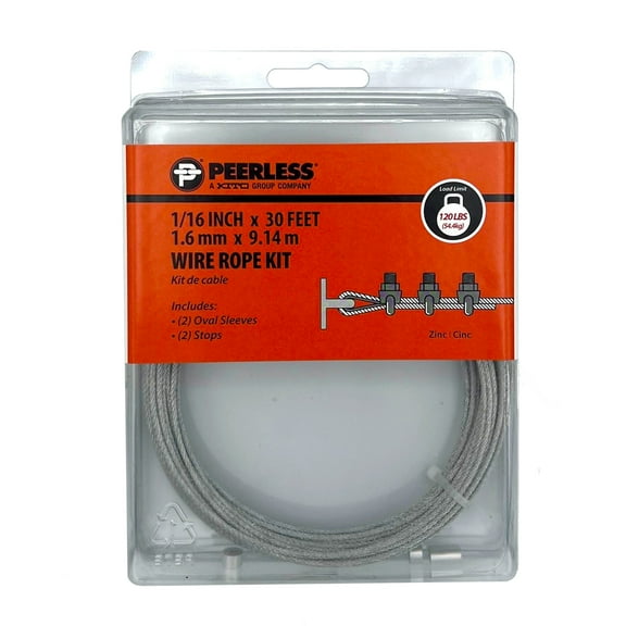 1/16" Galvanized Wire Rope Kit with Ferrules and Stops, 30', Peerless Chain Company, #4742860