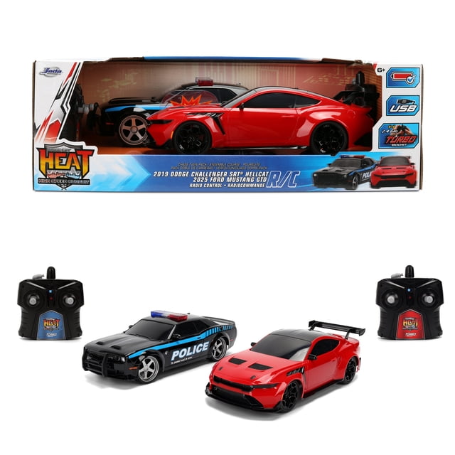 Jada Toys RC Heat Twin Pack – 1:16 Hyper Chargers Dodge Challenger SRT Hellcat Police vs Ford Mustang GTD – Turbo Button & USB Charging