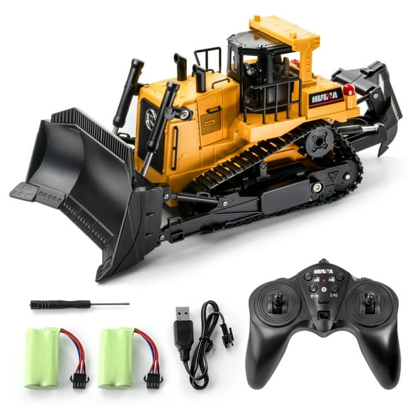 1:16 RC Bulldozer, 11CH 2.4G Remote Control Bulldozer Toys for Kids, Construction Vehicle Toy with Metal Shovel, Lights and 2 Batteries