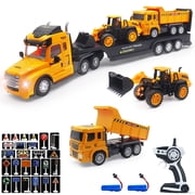 116 RC Semi Flatbed Truck with Dump & Bulldozer Truck Toys, 2.4G Remote Control Engineering Tractor with with LED Lights & Music, Construction Vehicles Toy for Boys