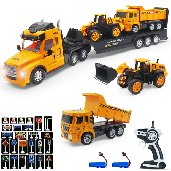 1:16 RC Semi Flatbed Truck with Dump & Bulldozer Truck Toys, 2.4G Remote Control Engineering Tractor with with LED Lights & Music, Construction Vehicles Toy for Boys