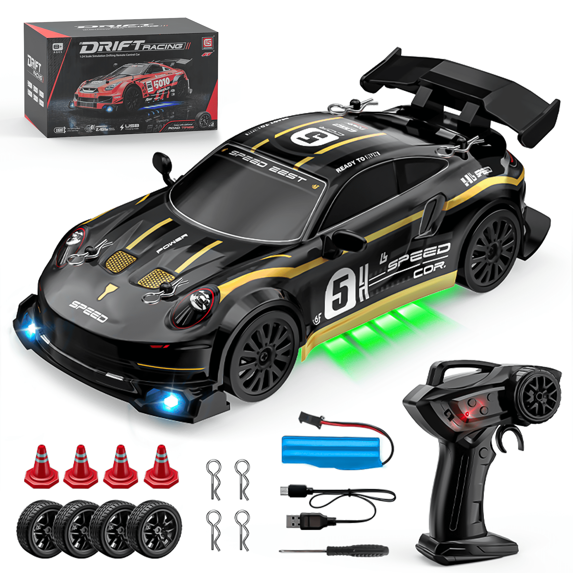 UUGEE RC Drift Car, 1:24 Remote Control Car for Kids, 20KM/H 4WD High Speed RC Cars with LED Lights, 4 Extra Drifting Tires, Vehicle for Adults Boys Girls 8-12，Black