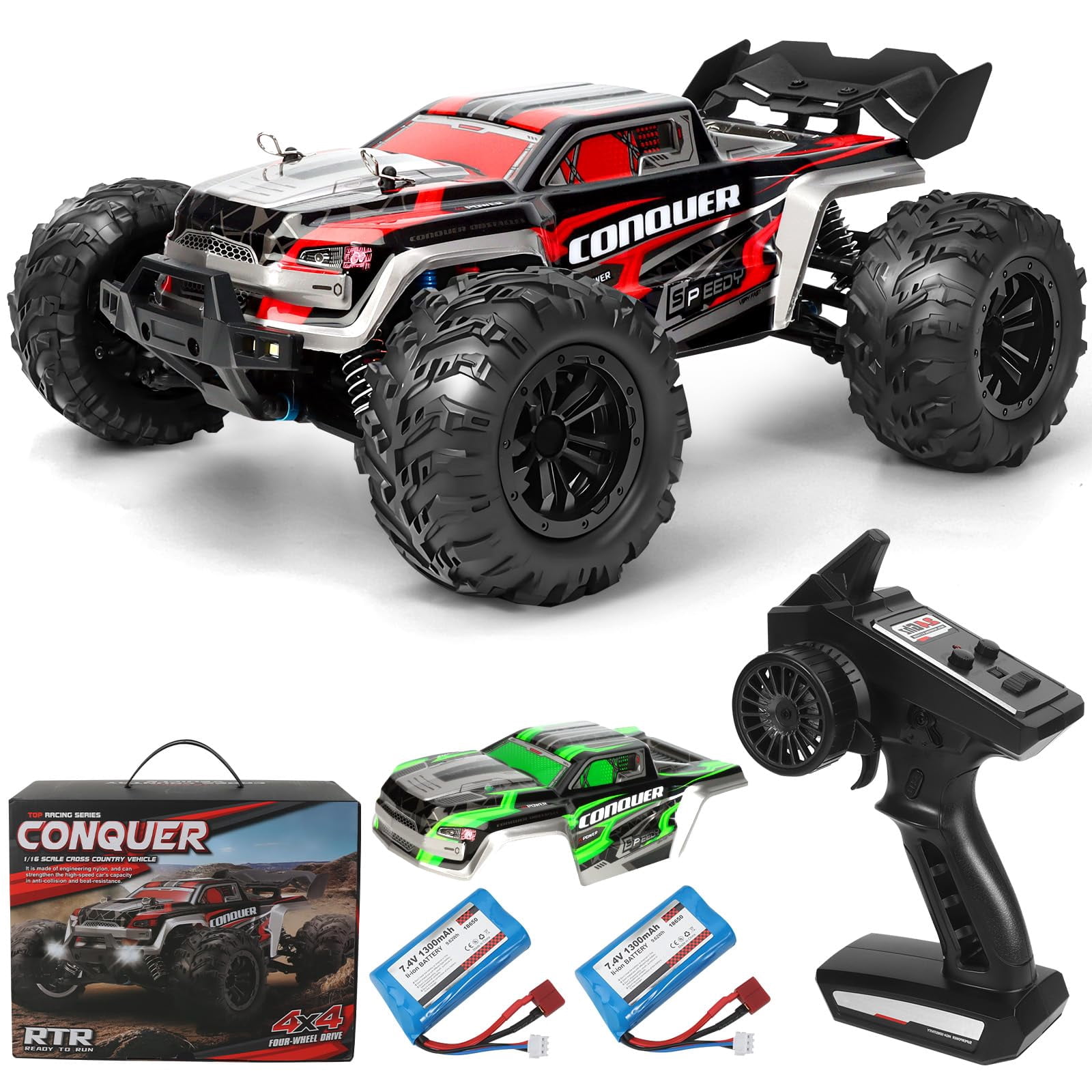 1:16 Scale All-Terrain RC Car for Adults, 38+KM/H High Speed 4WD Off-Road Remote Control Truck with 2 Rechargeable Batteries and Interchangeable car shells