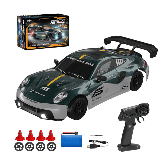 1:16 Scale High-Speed RC Drift Car, 2.4G 4WD Full Proportional Racing Sports Car with LED Lights, Roadblocks & Spare Tires, Drift Racing Toy for Enthusiasts & Collectors - RTR