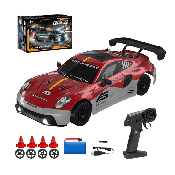 1/16 Scale RC Drift Car with Lights, 4WD Full Proportional Remote Control Racing Car Model, RTR Electric Drift Vehicle with Roadblocks & Spare Tires