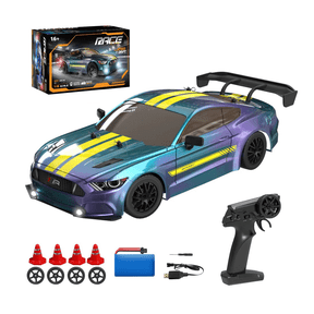 1/16 Scale RC Drift Car with Lights, 4WD Full Proportional Remote Control Racing Car Model, RTR Electric Drift Vehicle with Roadblocks & Spare Tires