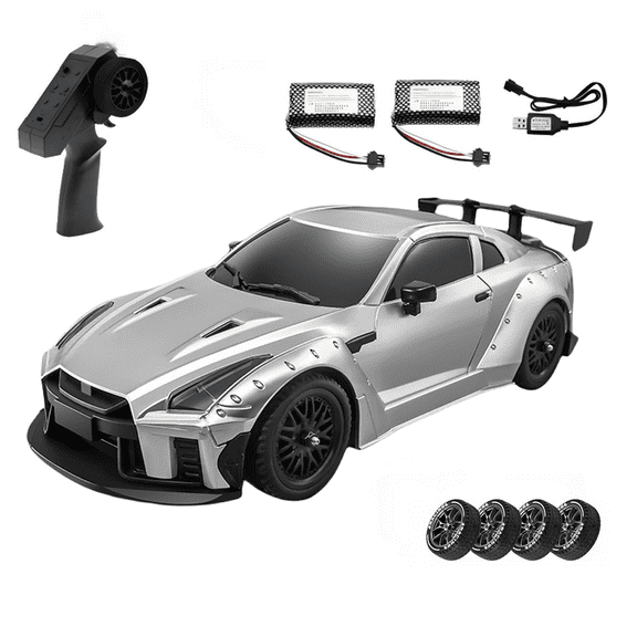 1/16 Scale RWD RC Drift Racing Car Model With Gyro GTR R35 Style 2.4GHz Proportional Remote Control Vehicle Dual Speed LED Lights For Adults Hobbyists - Silver / 2 Batteries