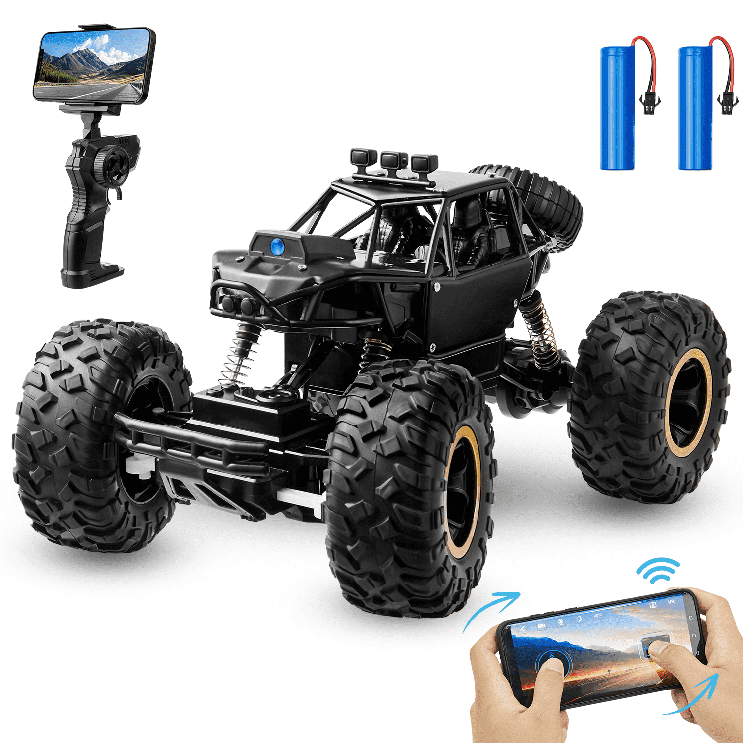 1:16 Scale Remote Control Car with 1080P FPV Camera for Kids, Anpro 2.4GHz Off-Road High Speed Remote Control Monster Truck for Kids Adults, 2 Batteries, Black