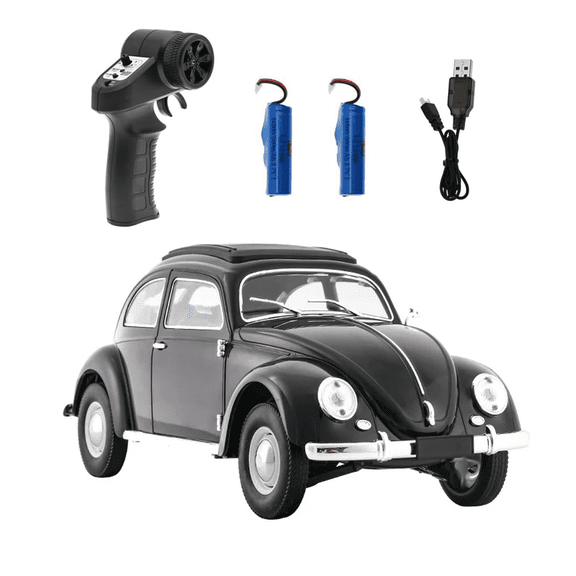 1:16 Scale Retro Beetle Style RC Drift Car, D62MINI Rear Wheel Drive Remote Control Racing Vehicle With LED Lights And Suspension System For Hobbyists- Black / 2PCS Battery