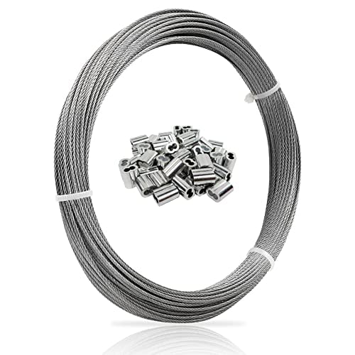 1/16 Wire Rope, 100FT 304 Stainless Steel Cable with 50Pcs Crimp ...