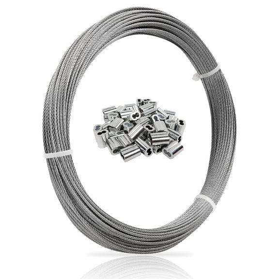 1/16 Wire Rope, 200FT 304 Stainless Steel Cable with 100Pcs Crimp Sleeves, Aircraft Grade, 7x7 Strand, 368lbs Breaking Strength, for Garden Trellis, Clothesline, Railing,Trellis