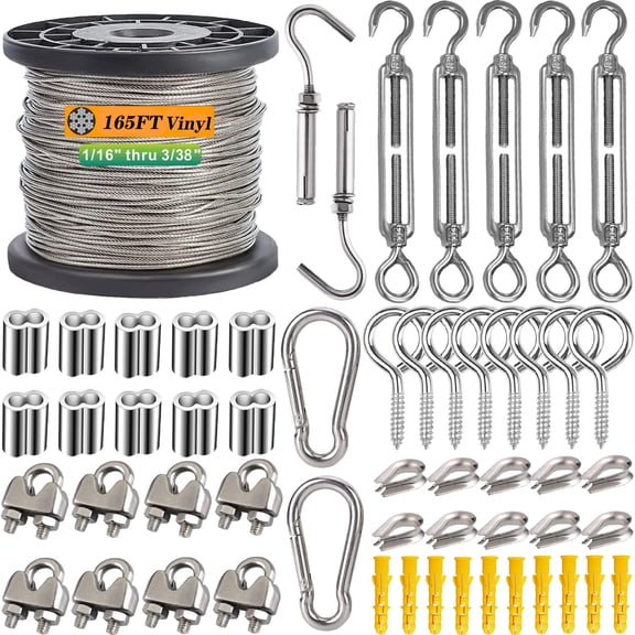1/16" Wire Rope Kit, 165ft 304 Stainless Steel Cable 7x7 Strand Core, Vinyl Coated Aircraft Cable with Turnbuckle | Easy Install for Outdoor String Lights Hanging, Garden, Craft & Support