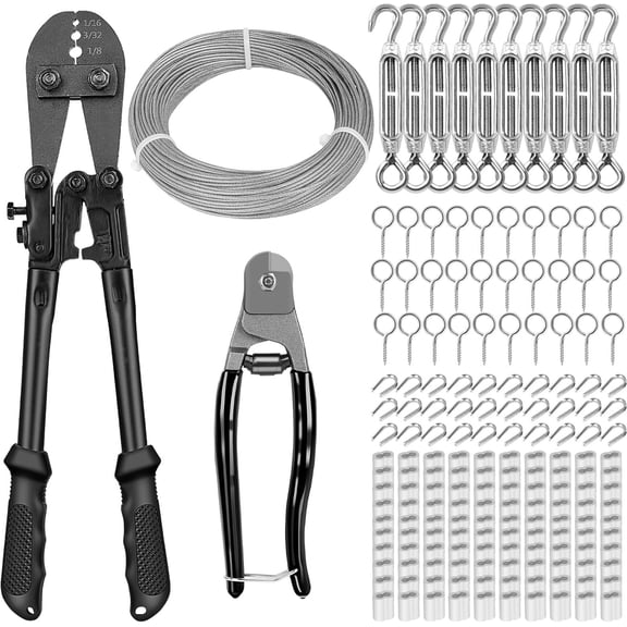 1/16" Wire Rope Kit, 200FT 1/16 Vinyl Coated Stainless Steel Cable with Wire Rope Crimping Tool Kit & Turnbuckle, Tension Cable for String Light Hanging, Garden Trellis, Curtain