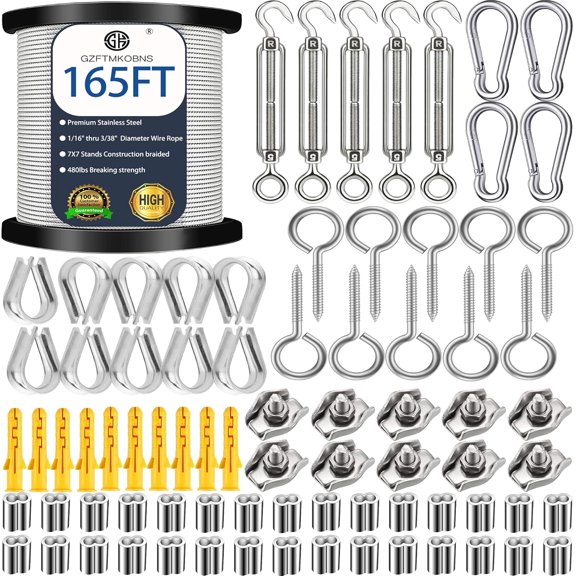1/16 Wire Rope Kit,String Light Hanging Kit, Outdoor Light Guide Wire, 50M/165FT Vinyl Coated Stainless Steel Cable Wire for Outdoor,Garden,Kitchen,Craft with Turnbuckle (50M, 165FT, 80)