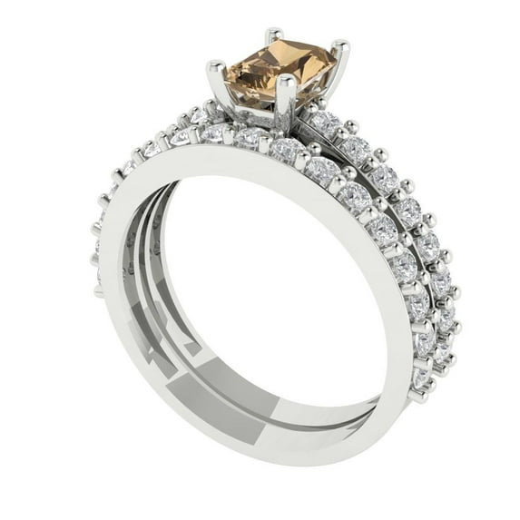 1.16 ct Brilliant Emerald Cut Champagne 18K White Gold Solitaire with Accents Engagement Bridal Wedding Ring Band Set size 9.75