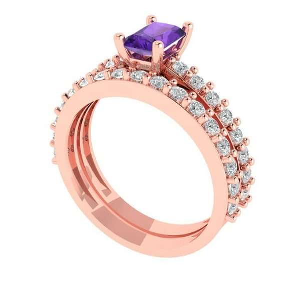 1.16 ct Brilliant Emerald Cut Natural Amethyst 14k Rose Gold Solitaire with Accents Engagement Bridal Wedding Ring Band Set size 6.75