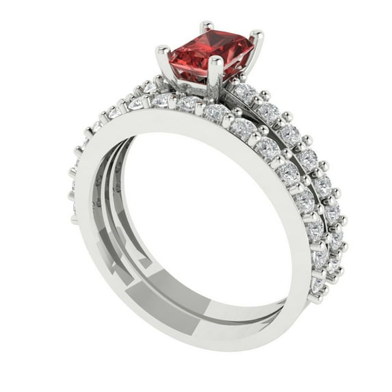 1.16 ct Brilliant Emerald Cut Natural Garnet 18K White Gold Solitaire with Accents Engagement Bridal Wedding Ring Band Set size 9.5