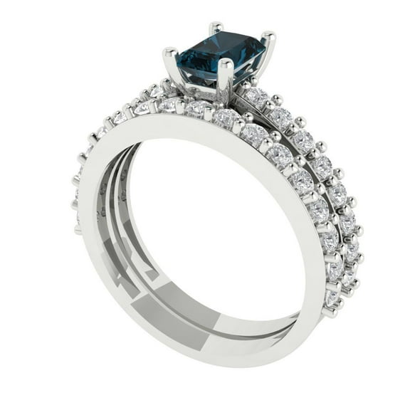 1.16 ct Brilliant Emerald Cut Natural London Blue Topaz 14k White Gold Solitaire with Accents Engagement Bridal Wedding Ring Band Set size 6