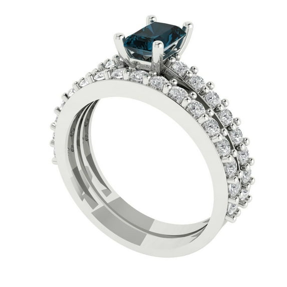 1.16 ct Brilliant Emerald Cut Natural London Blue Topaz 18K White Gold Solitaire with Accents Engagement Bridal Wedding Ring Band Set size 7