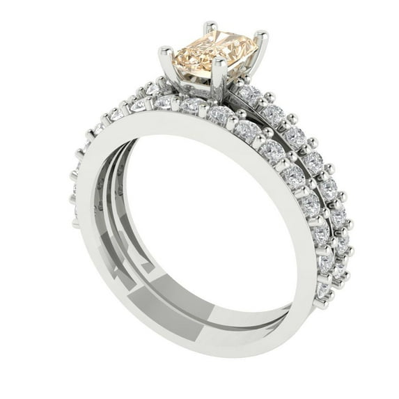 1.16 ct Brilliant Emerald Cut Natural Morganite 14k White Gold Solitaire with Accents Engagement Bridal Wedding Ring Band Set size 10.25