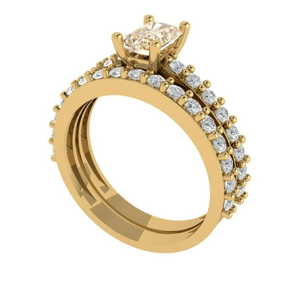 1.16 ct Brilliant Emerald Cut Natural Morganite 14k Yellow Gold Solitaire with Accents Engagement Bridal Wedding Ring Band Set size 11