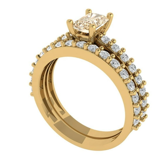 1.16 ct Brilliant Emerald Cut Natural Morganite 18K Yellow Gold Solitaire with Accents Engagement Bridal Wedding Ring Band Set size 6.25