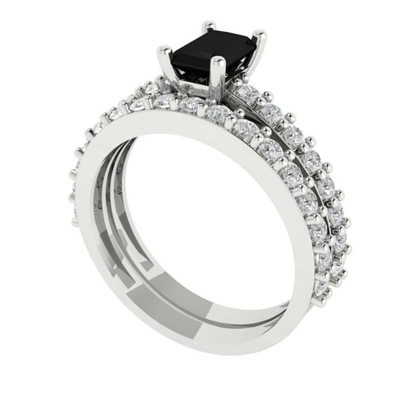 1.16 ct Brilliant Emerald Cut Natural Onyx 14k White Gold Solitaire with Accents Engagement Bridal Wedding Ring Band Set size 7.25