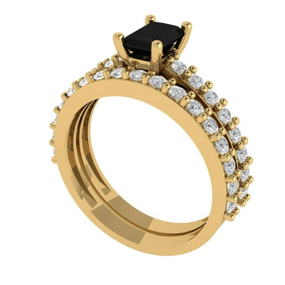 1.16 ct Brilliant Emerald Cut Natural Onyx 18K Yellow Gold Solitaire with Accents Engagement Bridal Wedding Ring Band Set size 9.5