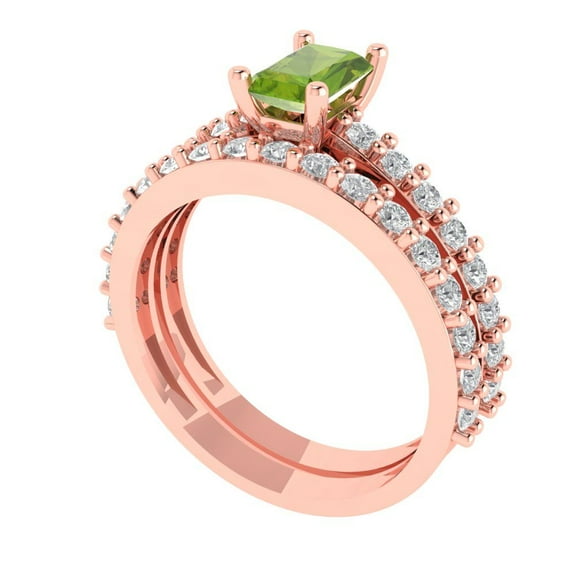 1.16 ct Brilliant Emerald Cut Natural Peridot 14k Rose Gold Solitaire with Accents Engagement Bridal Wedding Ring Band Set size 6.75
