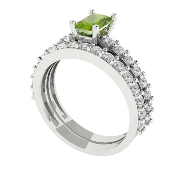 1.16 ct Brilliant Emerald Cut Natural Peridot 14k White Gold Solitaire with Accents Engagement Bridal Wedding Ring Band Set size 6