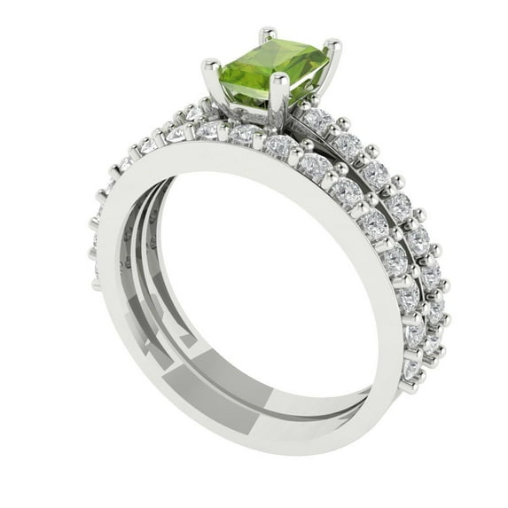 1.16 ct Brilliant Emerald Cut Natural Peridot 18K White Gold Solitaire with Accents Engagement Bridal Wedding Ring Band Set size 8