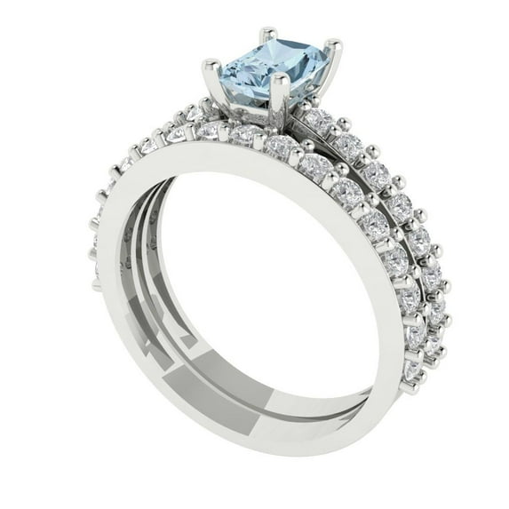 1.16 ct Brilliant Emerald Cut Natural Sky Blue Topaz 18K White Gold Solitaire with Accents Engagement Bridal Wedding Ring Band Set size 4.5