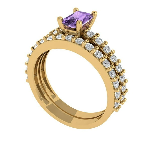1.16 ct Brilliant Emerald Cut Alexandrite 14k Yellow Gold Solitaire with Accents Engagement Bridal Wedding Ring Band Set size 4.5