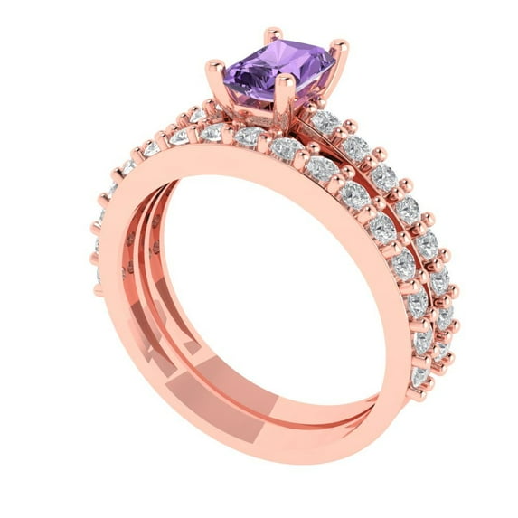 1.16 ct Brilliant Emerald Cut Alexandrite 18K Rose Gold Solitaire with Accents Engagement Bridal Wedding Ring Band Set size 10.25