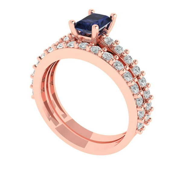 1.16 ct Brilliant Emerald Cut Blue Sapphire 14k Rose Gold Solitaire with Accents Engagement Bridal Wedding Ring Band Set size 7.75