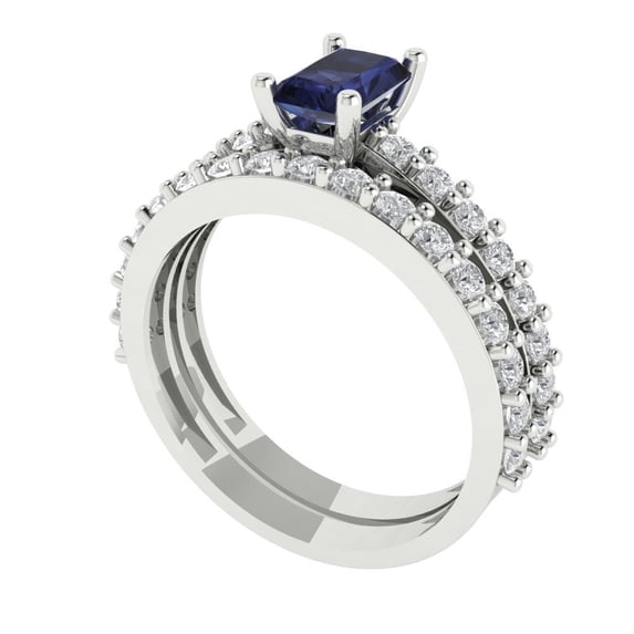 1.16 ct Brilliant Emerald Cut Blue Sapphire 14k White Gold Solitaire with Accents Engagement Bridal Wedding Ring Band Set size 10