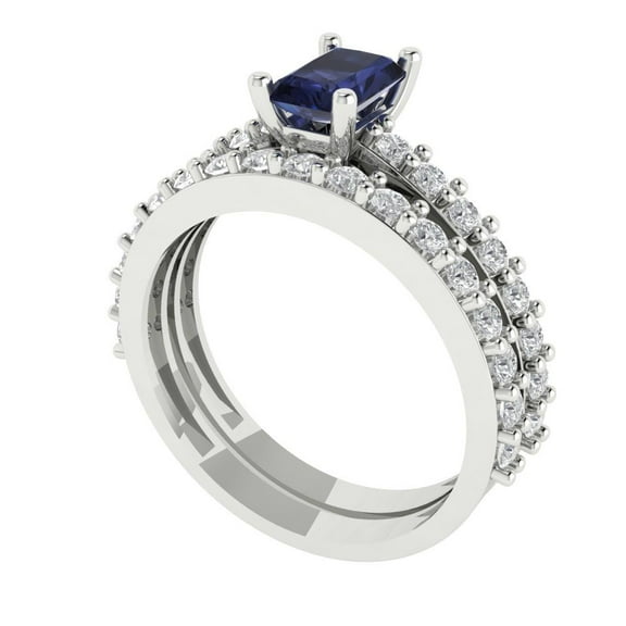 1.16 ct Brilliant Emerald Cut Blue Sapphire 18K White Gold Solitaire with Accents Engagement Bridal Wedding Ring Band Set size 3.5