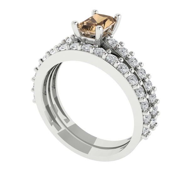 1.16 ct Brilliant Emerald Cut Champagne 14k White Gold Solitaire with Accents Engagement Bridal Wedding Ring Band Set size 8