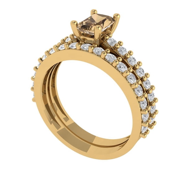 1.16 ct Brilliant Emerald Cut Champagne 14k Yellow Gold Solitaire with Accents Engagement Bridal Wedding Ring Band Set size 10