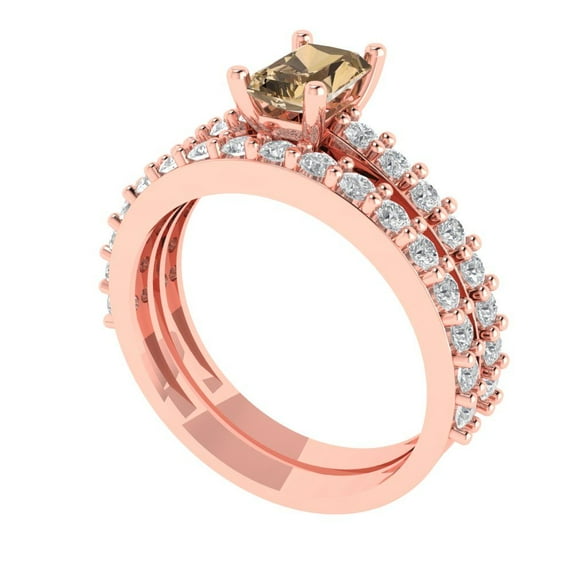 1.16 ct Brilliant Emerald Cut Champagne 18K Rose Gold Solitaire with Accents Engagement Bridal Wedding Ring Band Set size 7.25