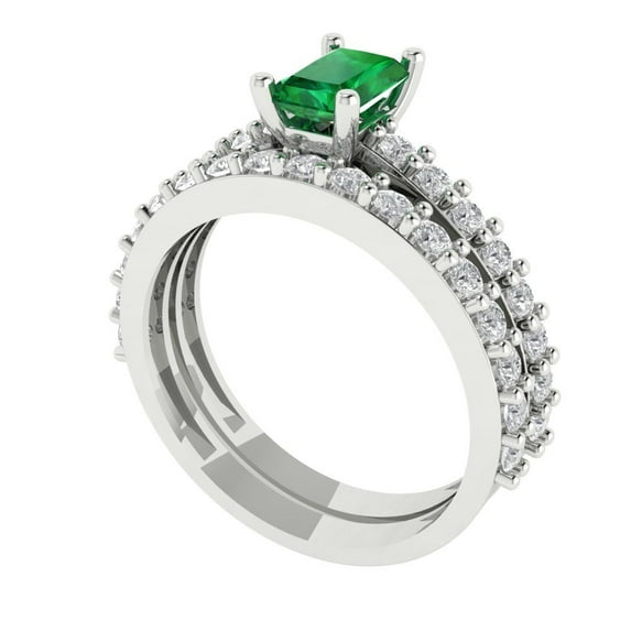 1.16 ct Brilliant Emerald Cut Emerald 18K White Gold Solitaire with Accents Engagement Bridal Wedding Ring Band Set size 6.5