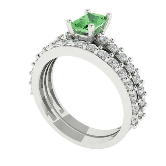1.16 ct Brilliant Emerald Cut Green Zircon 14k White Gold Solitaire with Accents Engagement Bridal Wedding Ring Band Set size 7.25