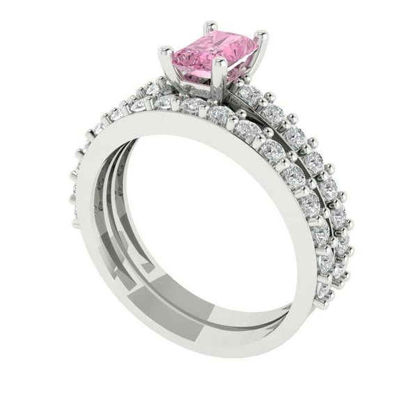 1.16 ct Brilliant Emerald Cut Pink Zircon 14k White Gold Solitaire with Accents Engagement Bridal Wedding Ring Band Set size 4.75