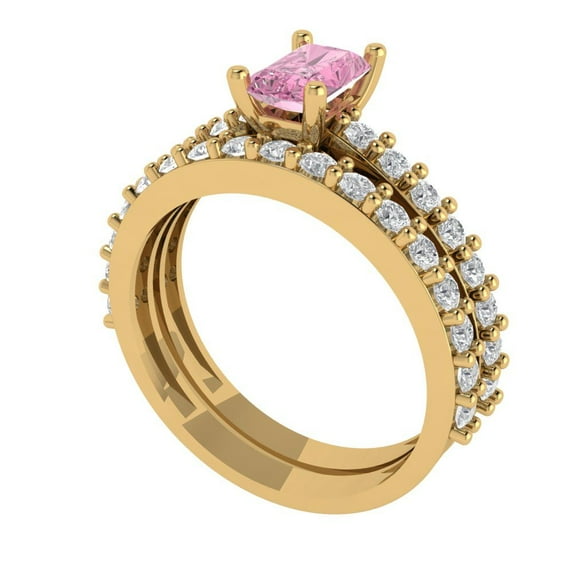 1.16 ct Brilliant Emerald Cut Pink Zircon 14k Yellow Gold Solitaire with Accents Engagement Bridal Wedding Ring Band Set size 9.25
