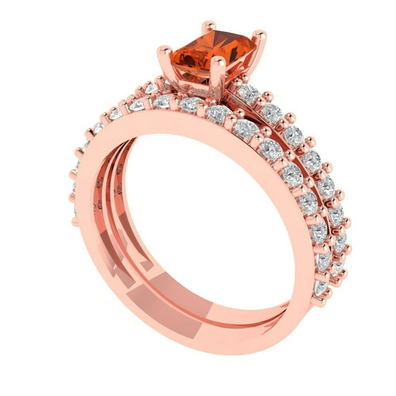 1.16 ct Brilliant Emerald Cut Red Zircon 18K Rose Gold Solitaire with Accents Engagement Bridal Wedding Ring Band Set size 10.25