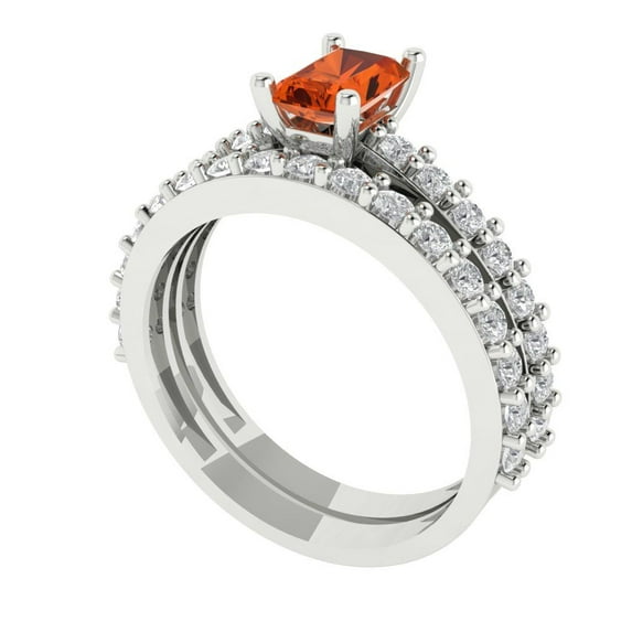 1.16 ct Brilliant Emerald Cut Red Zircon 18K White Gold Solitaire with Accents Engagement Bridal Wedding Ring Band Set size 8.75