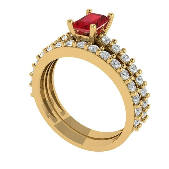 1.16 ct Brilliant Emerald Cut Ruby 18K Yellow Gold Solitaire with Accents Engagement Bridal Wedding Ring Band Set size 4.25