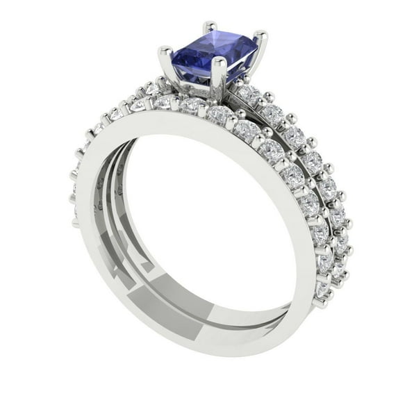 1.16 ct Brilliant Emerald Cut Tanzanite 14k White Gold Solitaire with Accents Engagement Bridal Wedding Ring Band Set size 10.75