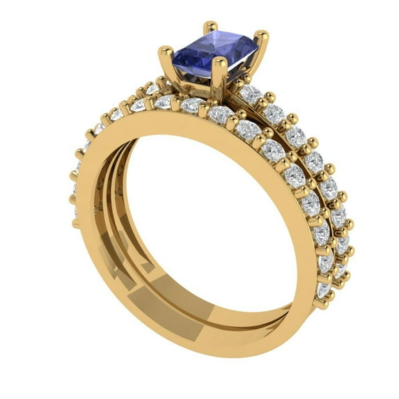 1.16 ct Brilliant Emerald Cut Tanzanite 18K Yellow Gold Solitaire with Accents Engagement Bridal Wedding Ring Band Set size 10.75